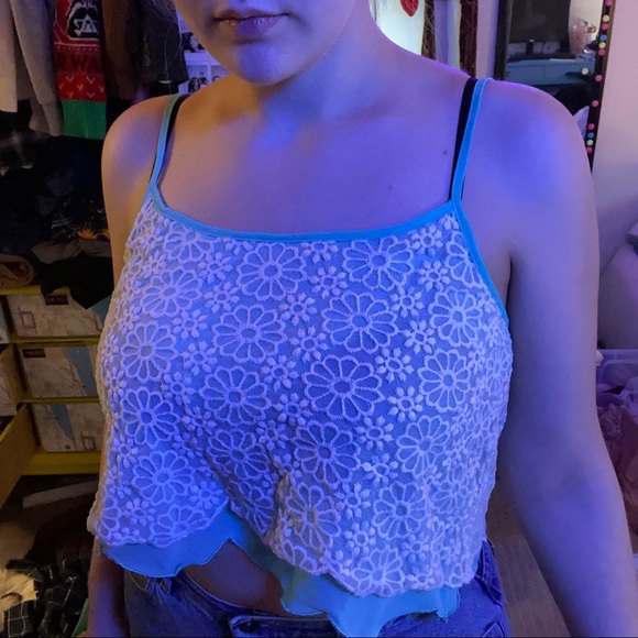 DOUBLE ZERO LAYERED AQUA WHITE LACE TANK TOP - Picture 6 of 16